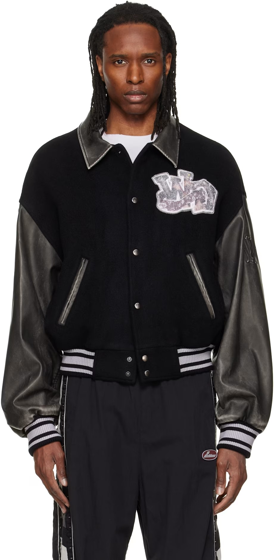 Black Faux-Leather Varsity Jacket