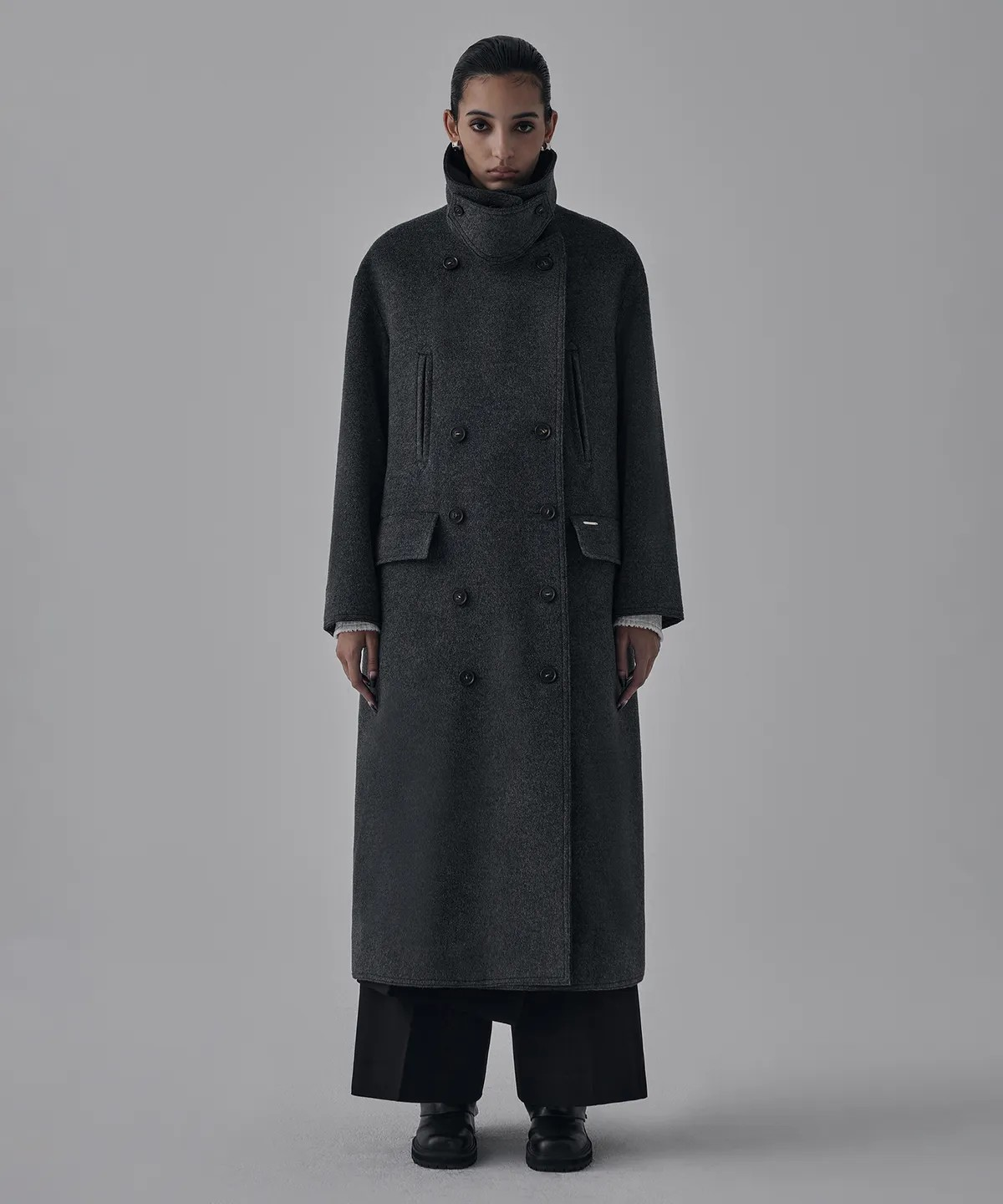 High Neck Double Button Wool Long Coat