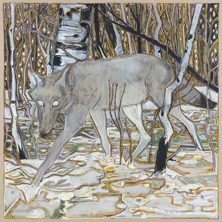 Billy Childish, wolf in birch trees, 2019, Courtesy the artist and Lehmann Maupin, New York, Hong Kong, and Seoul.