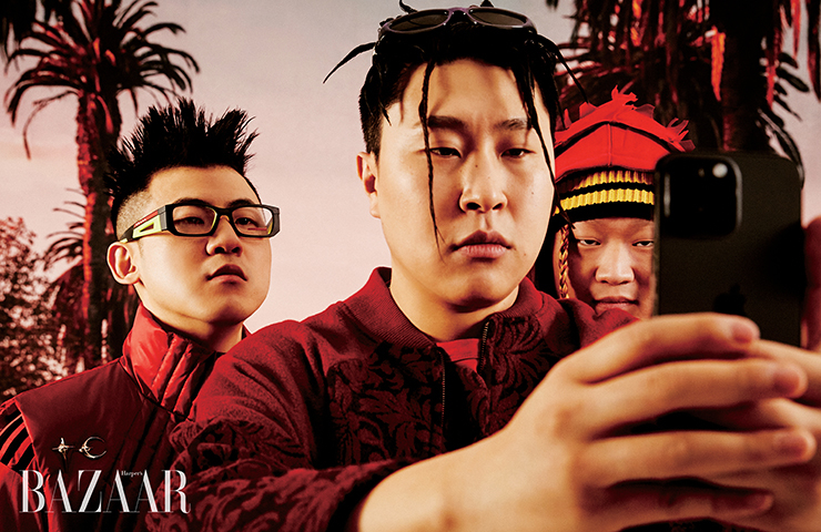  김민수 티셔츠는 Adidas. 패딩 베스트는 Thug Club. 선글라스는 Prada by EssilorLuxottica. 이용주 티셔츠는 Juun.J. 코트는 Label Less. 선글라스는 Gentle Monster. 정재형 후드 집업은 Thrasher. 아우터는 Sung Ju. 비니는 CosxYeboah.