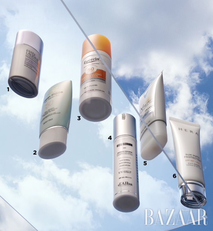 1 Est¯ee Lauder 퍼펙셔니스트 프로 멀티 디펜스 유브이 플루이드 SPF45/ PA++++ 백탁 현상 없는 물리적 자외선차단제. 서너 번만 롤링해주면 금세 흡수돼 산뜻하게 마무리된다. 8가지 항산화 성분이 피부 노화 예방에 도움을 준다. 6만원대. 2 Dewytree 어반쉐이드 안티폴루션 선 SPF50+/ PA++++ 더스트 흡착 테스트를 완료한 안티폴루션 제품. 피부를 진정시켜주는 칼라민과 EWG 그린 등급 원료만을 사용했다. 화학적 차단 성분을 배제해 민감한 피부에 제격. 3만원. 3 Eucerin 선 포토에이징 컨트롤 플루이드 SPF50+/ PA+++ 광노화는 물론 수분과 탄력까지 케어해주는 자외선차단제. 부드러운 로션 타입으로 피부에 가볍게 발리고 빠르게 흡수된다. 끈적임 대신 쫀쫀함을 남긴다. 3만7천원. 4 D’alba 워터풀 에센스 선세럼 SPF50+/ PA++++ 안티에이징 효과가 있는 화이트 트러플과 토코페롤을 함유했다. 워터 에센스를 바른 듯 피부에 닿는 순간 시원함이 느껴지고 흡수도 빠른 편이다. 4만2천원대. 5 Vichy 유브이 프로텍트 안티샤인크림 SPF50+/ PA++++ 자외선차단제라는 걸 잊을 만큼 청량한 사용감을 갖췄다. 온천수를 함유해 덧바를수록 수분이 채워지는 듯한 느낌. 피부를 탄탄하게 가꿔주는 비타민 E를 함유했다. 2만9천원대. 6 Hera 선 메이트 프로텍터 SPF50+/ PA+++ 자연스러운 생기를 부여하는 베이스 겸용 선 프로텍터. 피부톤과 유사한 핑크빛 컬러라 본래 피부색과 따로 놀지 않는다. 자외선과 외부 유해 요인으로부터 자극받은 피부를 회복시킨다. 3만8천원.