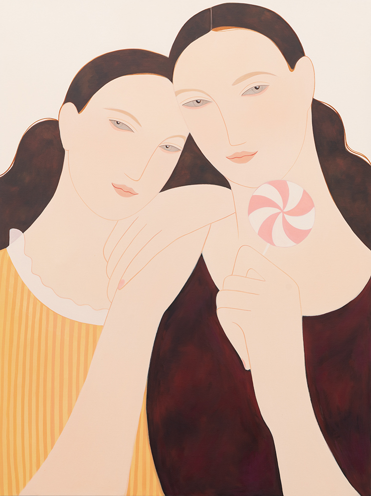<Sisters with Lollipop>, 2021, Oil on linen, 76.2x121.9cm.