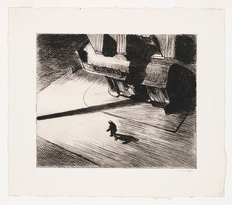 에드워드 호퍼, <밤의 그림자>, 1921. 에칭: 종이, 24.4x27.9cm. 휘트니미술관, 뉴욕, 거트루드 반더빌트 휘트니 기증 31.691. © 2023 Heirs of Josephine N. Hopper/Licensed by Artists Rights Society (ARS), New York