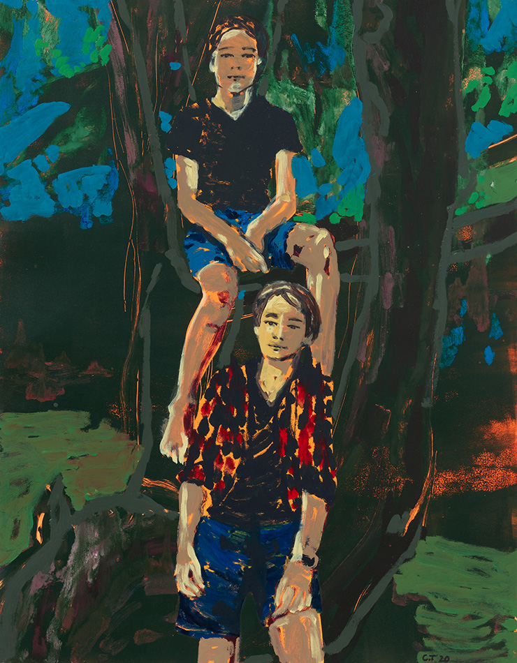 Claire Tabouret, <Zino and Enea (blue)>, 2020, Acrylic and ink on paper, 139.7 x 106.7 cm | 55 x 42 in. Photo: ⓒMarten Elder Courtesy of the artist and Perrotin