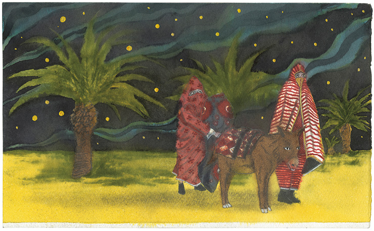 AGAFAY Donkey and travelers at night in the desert.