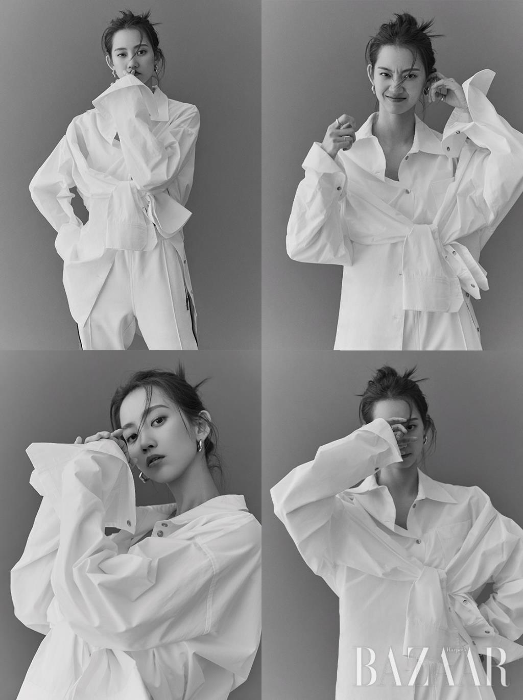 셔츠는 Rejina Pyo. 팬츠는 Ports V. 귀고리는 Viollina. 오른손 검지와 왼손 엄지에 착용한 반지는 Tatiana. 오른손 약지와 왼손 검지, 중지, 약지에 착용한 반지는 모두 Haesoo.L. 