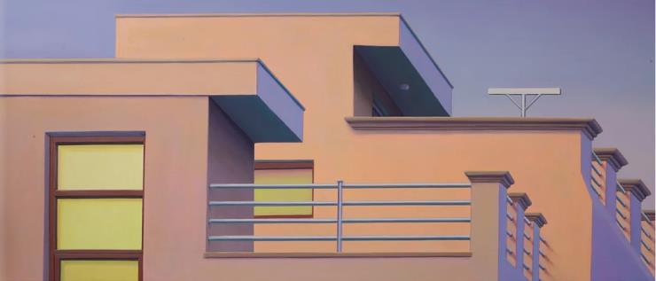Ingo Baumgarten, untitled (shifting roofs, Dongyodong, Seoul), 60x140cm, Oil on canvas, 2020