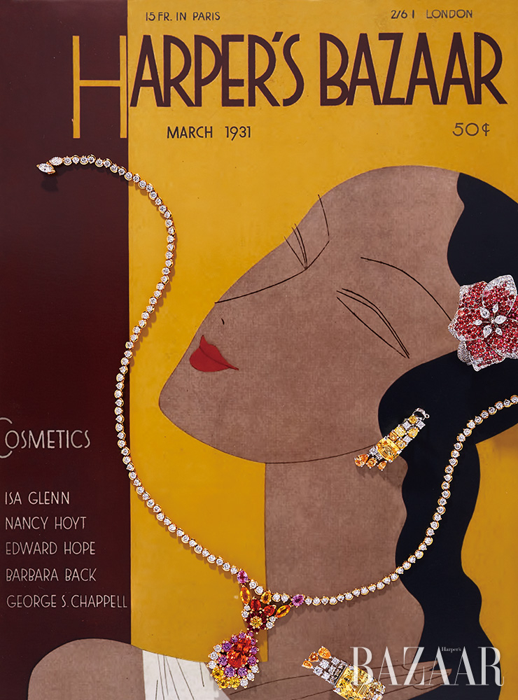 헤어 장식으로 연출한 플라워 모티프 반지, 귀고리, 반지는 모두 Cartier High Jewelry. 목걸이는 Dior Fine Jewelry. Cover: Harper’s Bazaar, March 1931, Illustration by L´eon B´enigni.