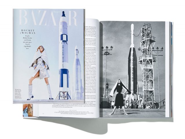 1959년 리처드 애버던이 촬영한 진 슈림턴의  화보(오른쪽)와 2017년 같은 장소에서 촬영된 지지 하디드의 화보(화보)