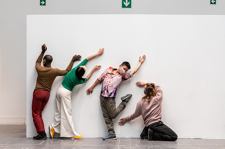 Alexandra Pirici, <Encyclopedia of Relations>, 2022,Ongoing performative action. Performers: Celine Bellut, Matilda Bjarum, Liliana Ferri, Daouda Keita, Raymond Liew Jin Pin, Melanie Lopez, Jared Marks, Emily Ranford, Valentina Restrepo, Robert Schulz, Jennifer Tchiakpe, Xiao Huang, Patrick Ziza Masks design: Andrei Dinu With the additional support of Audemars Piguet Contemporary; Ammodo; UniCredit Bank; European ArtEast Foundation; The Administration of the National Cultural Fund, Romania; Romanian Cultural Institute; Staatliche Kunsthalle Baden-Baden Photo by: Ela Bialkowska