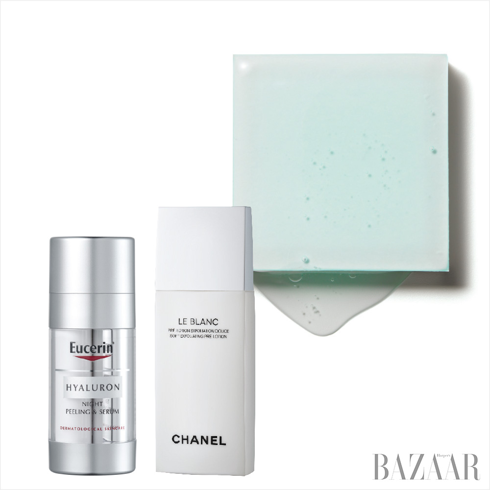 (왼쪽부터)Eucerin 하이알루론 나이트 필링 & 세럼 6만8천원. Chanel 르 블랑 프리 로션 8만3천원.