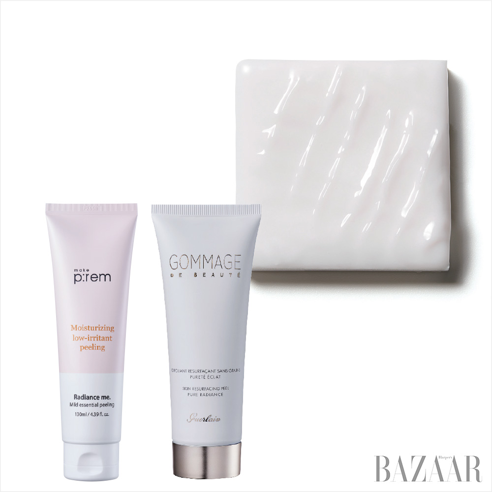 (왼쪽부터)Make p:rem 래디언스 미 마일드 에센셜 필링 2만2천원대.Guerlain 고마쥬 드 보떼 스킨 리서페이싱 필 퓨어 래디언스 9만2천원.