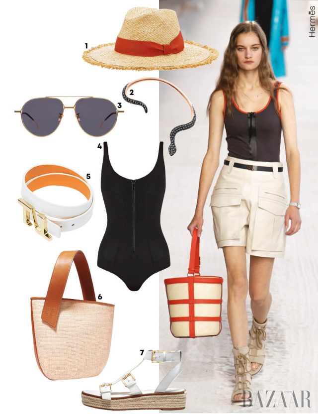 1 라피아 모자는 12만5천원 Shinjeo2 이어커프는 11만원 Swarovski3 선글라스는 24만9천원 Projekt Produkt4 보디수트는 30만원대 Lisa Marie Fernandez by matchesfashion.com5 레더 팔찌는 11만5천원 Time6 버킷 백은 50만원대 TL-180 by Net-A-Porter7 벨티드 샌들은 29만원 Michael Michael Kors