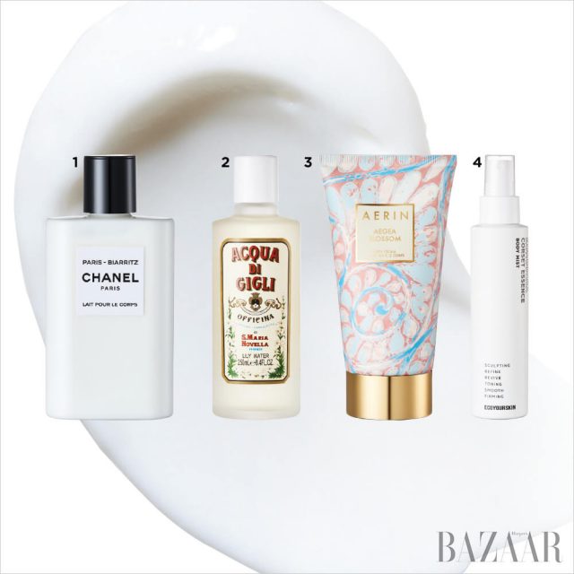 1 Chanel 레조 드 샤넬 파리-비아리츠 바디로션 8만원. 2 Santa Maria Novella 아쿠아 디 질리 11만8천원. 3 Aerin 에게 블러썸 바디크림 7만5천원. 4 Eco Your Skin 콤부차 코르셋 에센스-바디미스트 5만5천원.