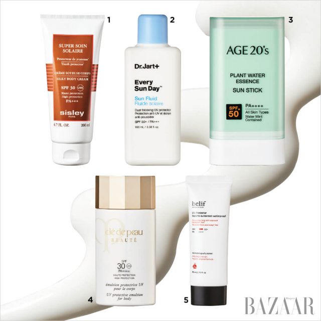 1 Sisley 쉬뻬 쑤엥 쏠레르 실키 바디 크림 SPF30 18만원. 2 Dr.Jart+ 에브리 선 데이 선 플루이드 2만9천원. 3 Age 20’s 플랜트 워터 에센스 선스틱 2만5천원. 4 Clé De Peau Beauté UV 프로텍티브 에멀전 포 바디 SPF30/ PA++++ 9만3천원대. 5 Belif UV 프로텍터 레포츠 선스크린 워터프루프 4만2천원.