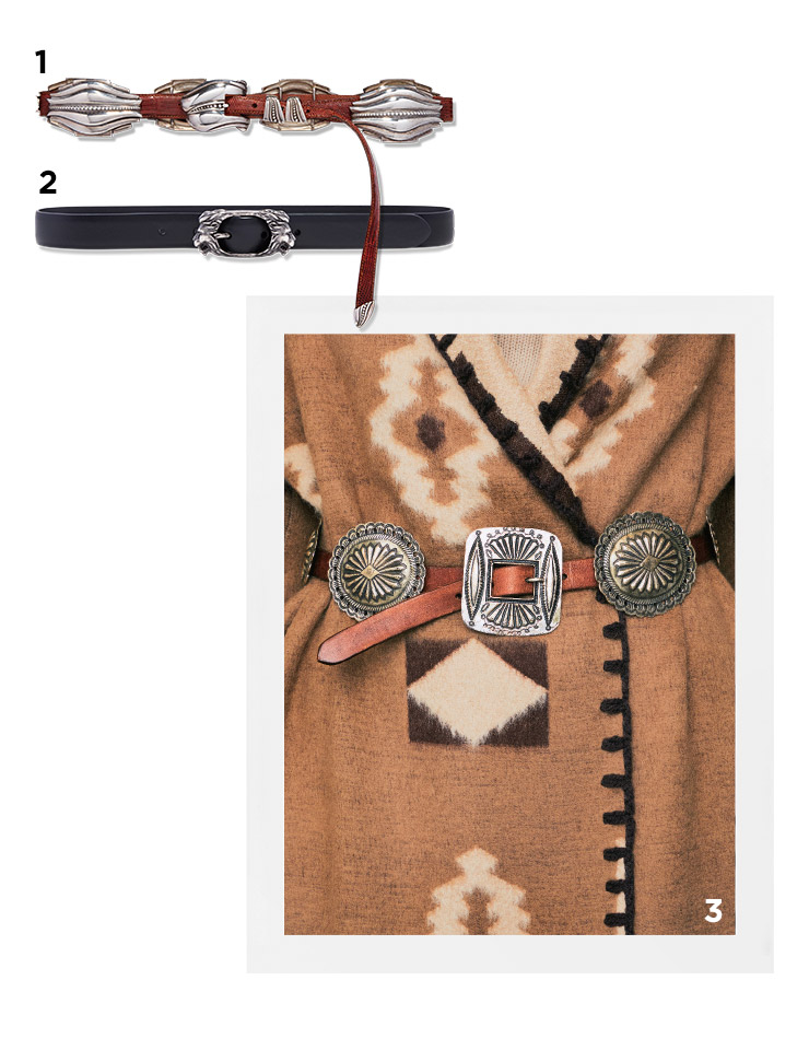 1 코드 버클은 Kieselstein. 2 레더 벨트는 Tod’s. 3 코트, 스웨터는 Ralph Lauren Collection. 코트 위 벨트는 Polo Ralph Lauren.