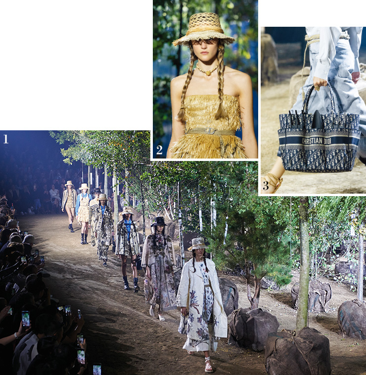 1 숲 사이로 펼쳐진 디올 2020 S/S 컬렉션 피날레. 2 라피아, 프린지, 나무 조각 등 내추럴 무드의 액세서리로 룩에 포인트를 더했다. 3 원예 도구 세트를 담을 수 있는 카트린느 토트백.