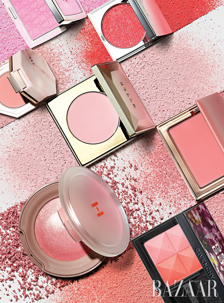 (왼쪽 위부터) Dior 백스테이지 로지 글로우, 001 핑크 5만6천원대. Rmk 컬러 유어 룩 블러쉬, #02 핑키쉬 오렌지 3만8천원대. Dear Dahlia 블루밍 에디션 파라다이스 듀얼 팔레트 블러셔 듀오, 페어 레이디 2만7천원.Stila 소프트 글로우 파우더 블러셔, 블루밍 서울 3만2천원. Vdl 엑스퍼트 치크북 모노, 602 로즈 윌 비 굿 3만원. Hince 트루 디멘션 글로우 치크, 블러쉬 온 2만3천원. Givenchy 프리즘 블러쉬, #N3 스파이스 6만1천원대.