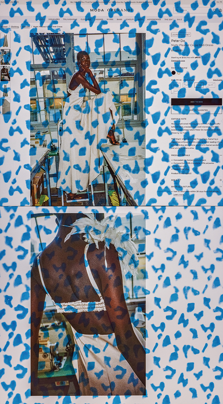 토비아스 카스파, <L’Atelier(Trunkshows)>, 2022, Acrylic paint, pigment based ink, screen printing ink on canvas, 250x135cm. © Sebastian Schaub Courtesy the artist and Galerie Peter Kilchmann, Zurich