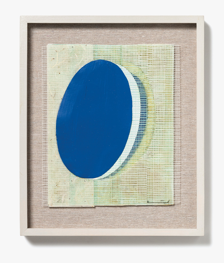 <Untitled 지(之)>, 2017, Oil, acrylic, plastic grid, U.V.L.S. gel, mulberry paper on canvas, f, 38.7x32.3x4cm