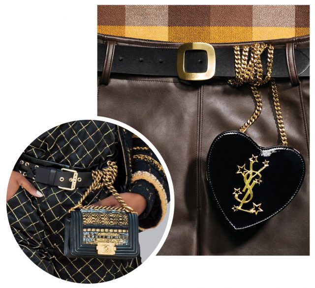 벨트가 달린 가죽 스커트는 33만5천원으로 System, 하트 모양의 미니 백은 1백18만원으로 Saint Laurent 제품.