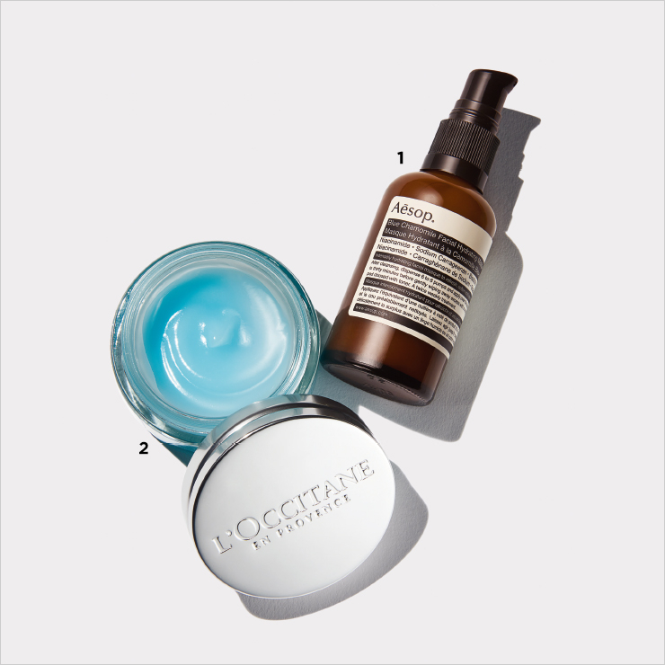 1 A&macr;esop 블루 카모마일 페이셜 하이드레이팅 마스크 6만5천원. 2 L’occitane 아쿠아 레오티에 미네랄 모이스처 마스크 5만원.