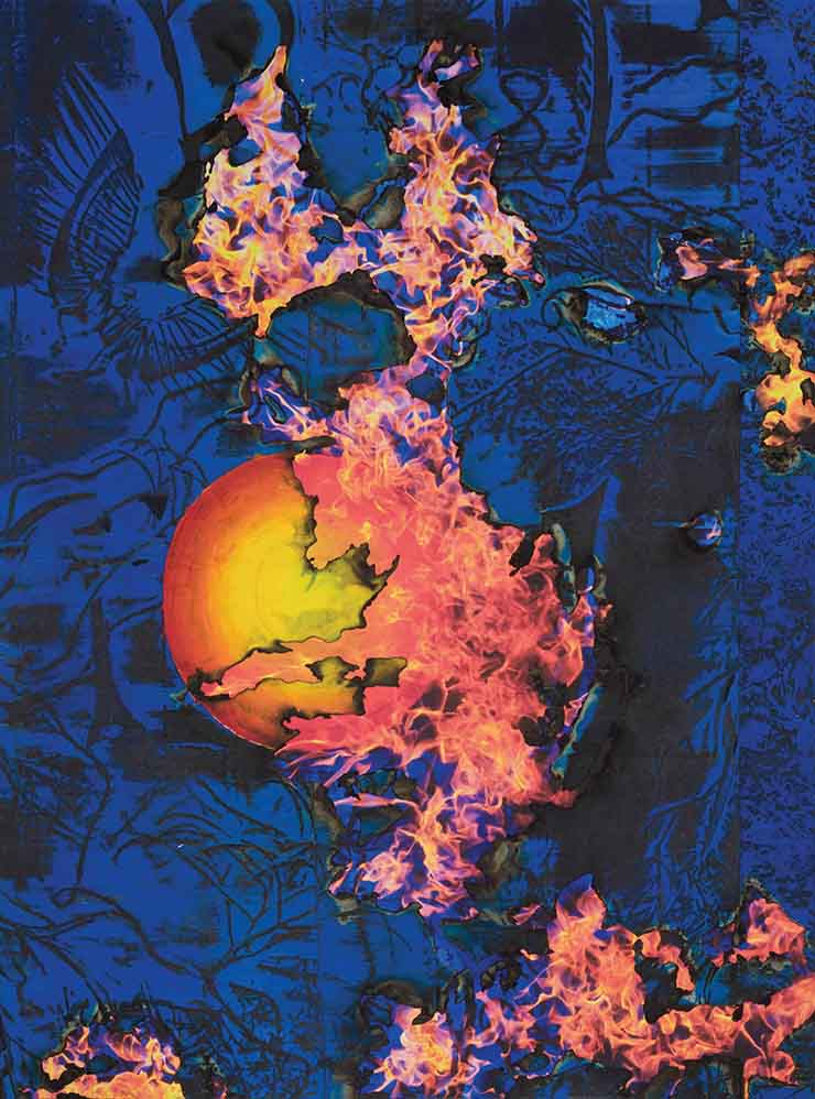 <The only thing that survives>, 2022, Acrylic polymer on blue foil on bleached denim on inkjet print on canvas, 218.4x162.6cm. Photo: Thapphawut Parinyapariwat