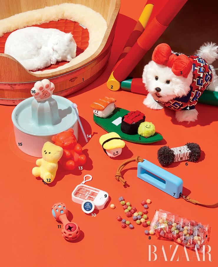 1, 2 오크나무 소재의 하우스, 텐트 모티프 하우스는 Hermès. 3, 8, 12 헤드 밴드로도 활용 가능한 리본 토이는 8천원대, 강아지 시리얼은 5천원대, 소리 나는 젤리곰 토이는 5천원 모두 Bite Me. 4 로고 플레이 스웨터는 가격 미정 Gucci. 5, 9, 13 귀여운 초밥 모티프의 노즈 워크 토이는 2만5천원, 해충 기피 스프레이는 1만8천원(2ea), 젤리곰 노즈 워크 토이는 1만6천원 모두 Bacon Box. 6, 7 터그놀이와 노즈 워크가 가능한 캔디 토이는 1만2천원, 베이비 블루 컬러의 안전 리드줄은 6만원 Wak Wak. 10, 15 진드기 방지 클립은 8천원대, 선인장 정수기는 15만원 Project 21. 11 천연 고무 소재의 노즈 워크 토이는 1만4천원대 Vanskap by Bite Me. 14 반려동물 전용 칫솔은 3천원대 Virbac. 16 무독성 라텍스 소재의 토이는 6천원대 Dingdog.