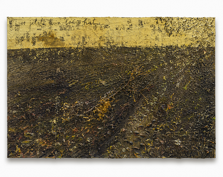 <Wer jetzt kein Haus hat>, 2021~2023, Emulsion, oil, acrylic, shellac, gold leaf, dried branches and charcoal on canvas, 190x280cm. photo: Charles Duprat