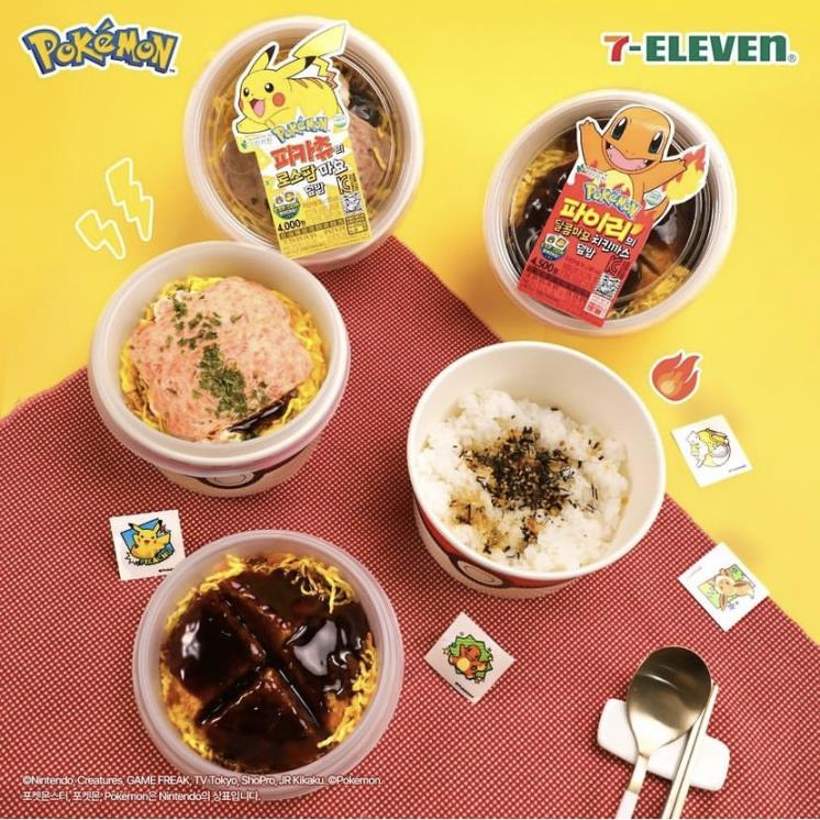 7ELEVEN 피카츄의 로스팜마요덮밥 4천원. 파이리의 달콤한치킨까스덮밥 4천5백원. 18가지 포켓몬 스티커 중 1개 득템 가능!