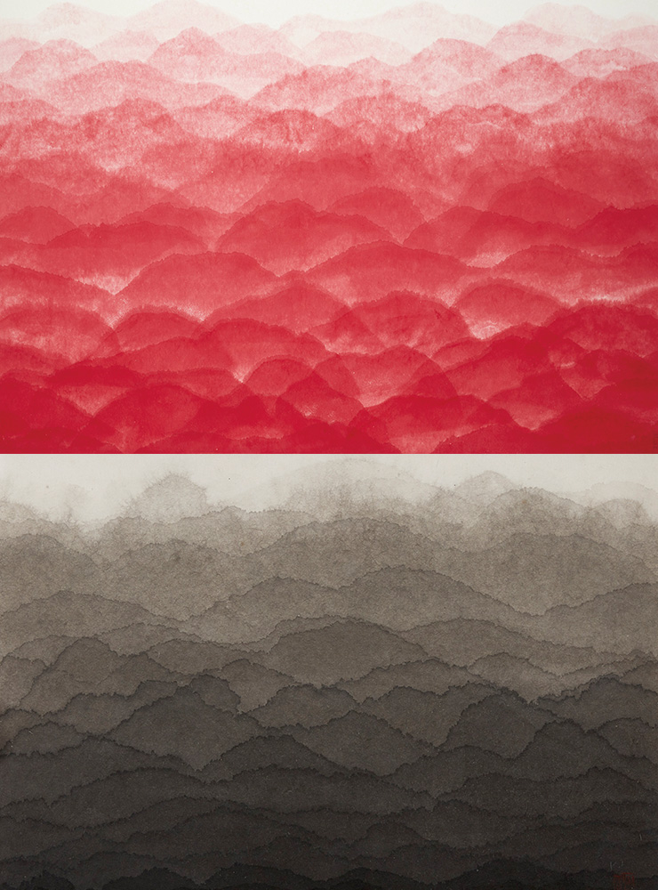 <Red Mountain>, 2017, Watercolor on mulberry Hanji paper, 132x190cm.<Mountain>, 2008, Ink on mulberry Hanji paper, 37x47cm.
