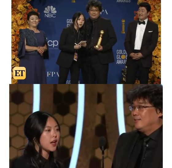 배우와 감독 사이에서 통역을 하고 있는 샤론 최.