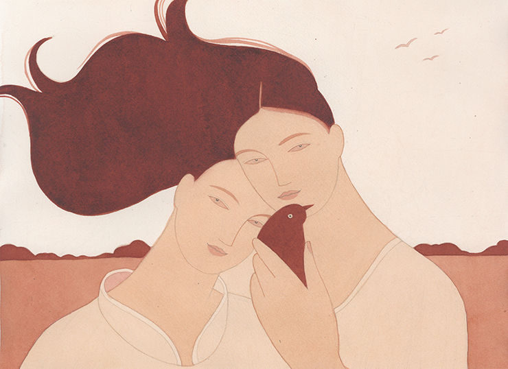 <Sisters with A Bird Sepia>, 2022, Watercolour on paper, 30.5x40.6cm.