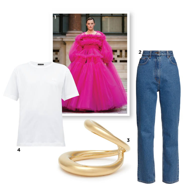  1 2019 F/W Molly Goddard 2 데님 팬츠는 The Row 3 반지는 Charlotte Chesnais 4 티셔츠는 Acne Studios