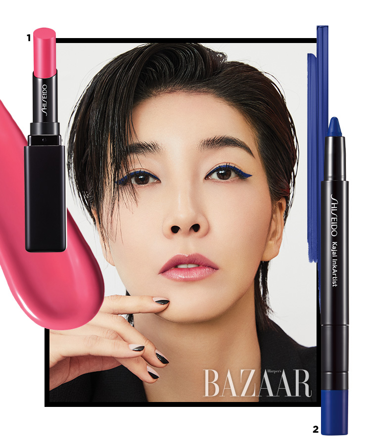 1 Shiseido 컬러젤 립밤, 104 히비스커스 3만7천원대. 2 Shiseido 카잘 잉크아티스트, 08 군조 블루 2만9천원대.