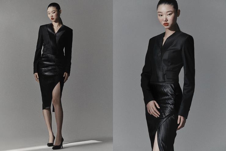 Jaybaek Couture 블랙 플리츠 숏 자켓 2백18만원, 블랙 플리츠 슬릿 스커트 1백19만원