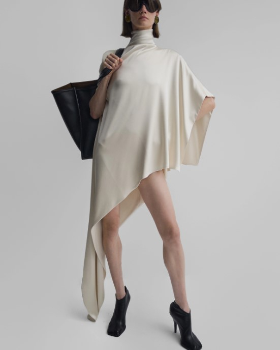 PHOEBE PHILO ASYMMETRIC DRESS in stucco silk satin. 1300 파운드