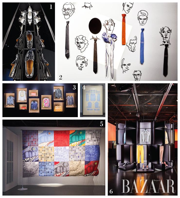  1 수직 컨베이어벨트를 타고 움직이는 신발들. 2 일러스트 캐릭터와 함께 전시된 타이 컬렉션. 3 에르메스의 오래된 품격을 느낄 수 있었던 아카이브들. 4 27개 패턴으로 이뤄진 맞춤 셔츠가 하우스의 장인정신을 증명한다. 5 바람에 흩날리는 실크 스카프들. 6 세 칸으로 분리되어 돌아가는 장치를 활용해 재킷, 팬츠, 슈즈 등을 각자 취향에 맞게 조합할 수 있다. 