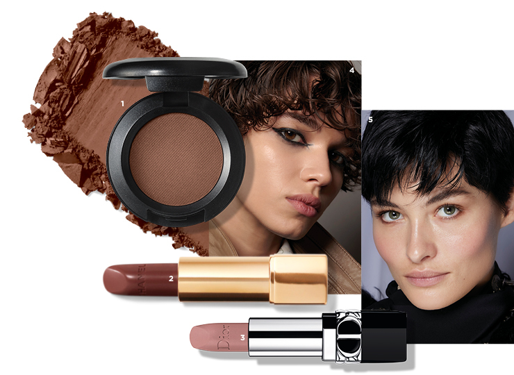 1 Mac 아이섀도우, 에스프레소 3만3천원. 2 Chanel 루쥬 알뤼르 벨벳, 미스테리유즈 5만5천원. 3 Dior 루즈 디올, 베이지 꾸뛰르 5만5천원대. 4 볼드한 아이라인으로 눈매를 강조한 2023 디올 스프링 컬렉션. 5 피부를 맑고 촉촉하게 표현한 2023 알투자라 스프링 컬렉션.