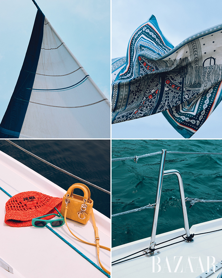 패턴 스카프는 Herm&egrave;s. 라피아 로고 버킷햇은 Prada. 선글라스는 Salvatore Ferragamo. 마이크로 사이즈의 ‘레이디 디올’ 백은 Dior.