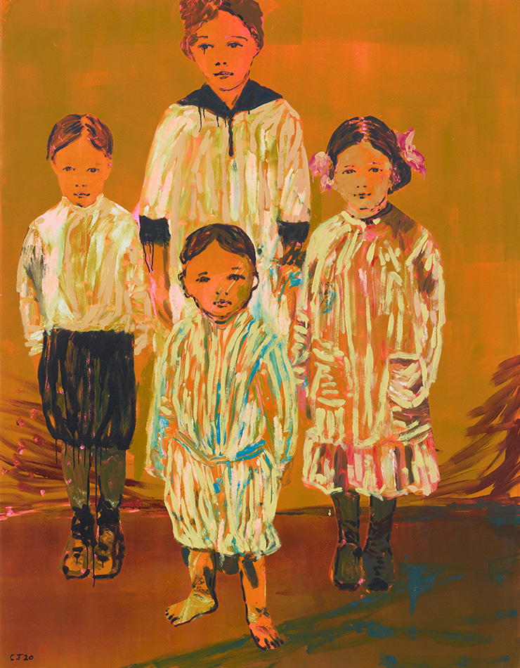 Claire Tabouret, <The Siblings(orange)>, 2020, Acrylic and ink on paper, 139.7x106.7cm(55x42 inch). Framed: 158.1x125.1x5.1cm(62 1/4x49 1/4 x 2 inch). Photo: Martin Elder. Courtesy the artist and Perrotin.