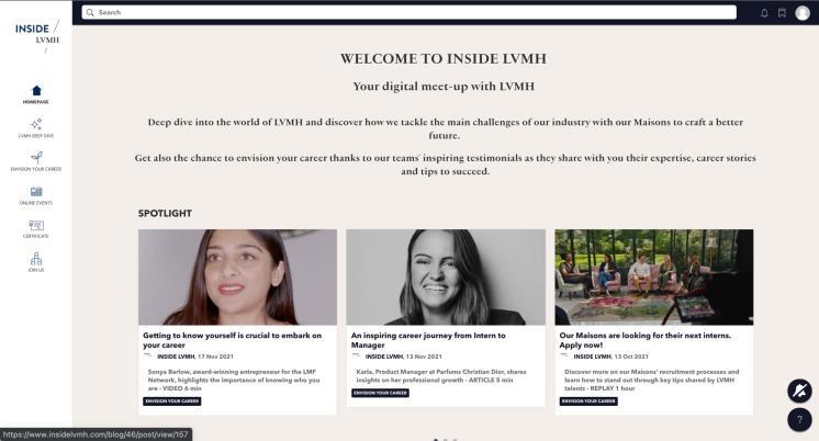 2016년 런칭한 대면 미팅을 시작으로 웹사이트로 발전한 인사이드 LVMH 파일럿 사이트.