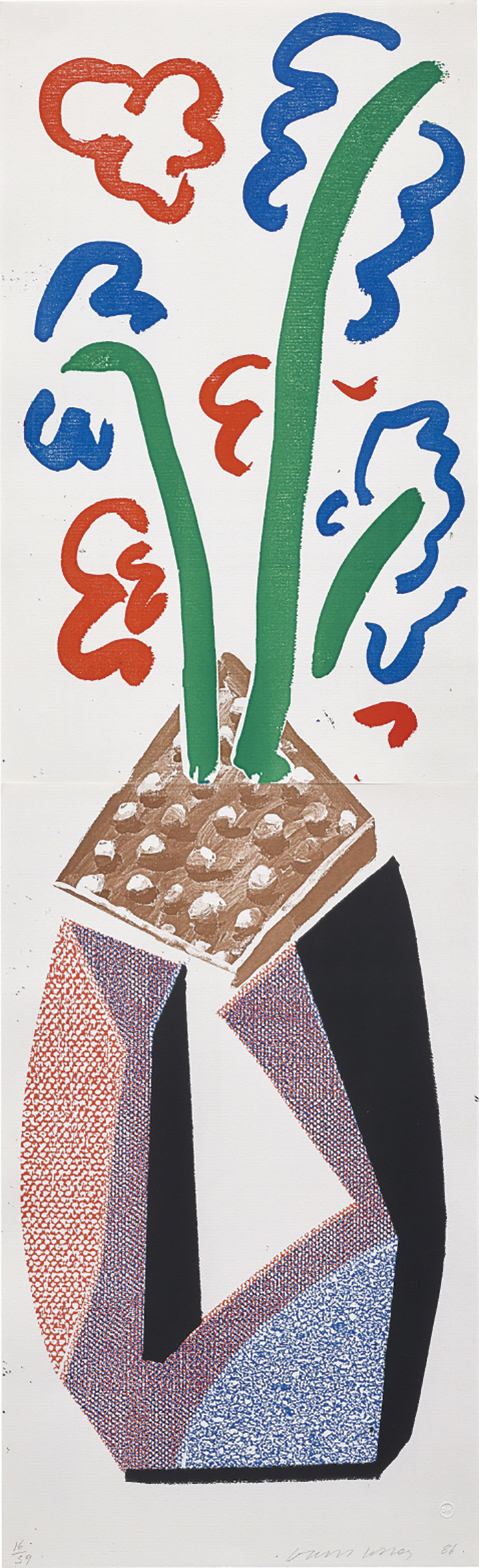  David Hockney, <Red, Blue & Green Flowers, July>, 1986, Homemade print in two parts, 71.1.x21.6cm. 