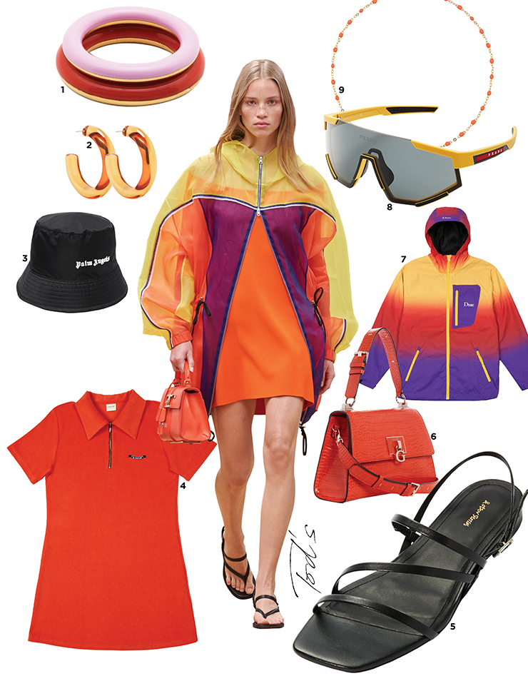 1 반지는 61만원대 Charlotte Chesnais by Farfetch. 2 귀고리는 24만원대 Isabel Marant. 3 버킷햇은 31만원대 Palm Angels. 4 코튼 원피스는 19만8천원 Le Sonnet. 5 스트랩 샌들은 10만원대 & Other Stories. 6 페이턴트 백은 15만원대 Guess. 7 윈드브레이커는 32만원대 Dime. 8 고글 선글라스는 35만원 Prada Linearossa by Luxottica. 9 앵클릿은 38만원대 Gigi Clozeau by Farfetch.