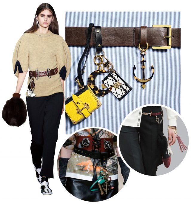 벨트는 가격 미정으로 Michael Michael Kors, 미니 백 모티프의 참은 50만원대, 달 모양 참, 닻 모티프 참은 30만원대로 모두 Prada, 트렁크 백을 모티프로 한 참은 51만5천원으로 Louis Vuitton 제품.
