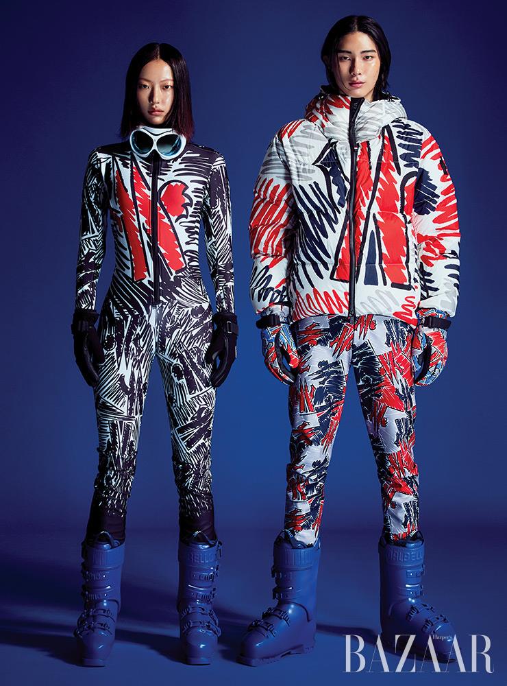 (왼쪽부터) 희정이 입은 스키복, 고글, 장갑, 스키 부츠는 모두 3 Moncler Grenoble. 진영이 입은 패딩, 팬츠, 장갑, 스키 부츠는 모두 3 Moncler Grenoble.