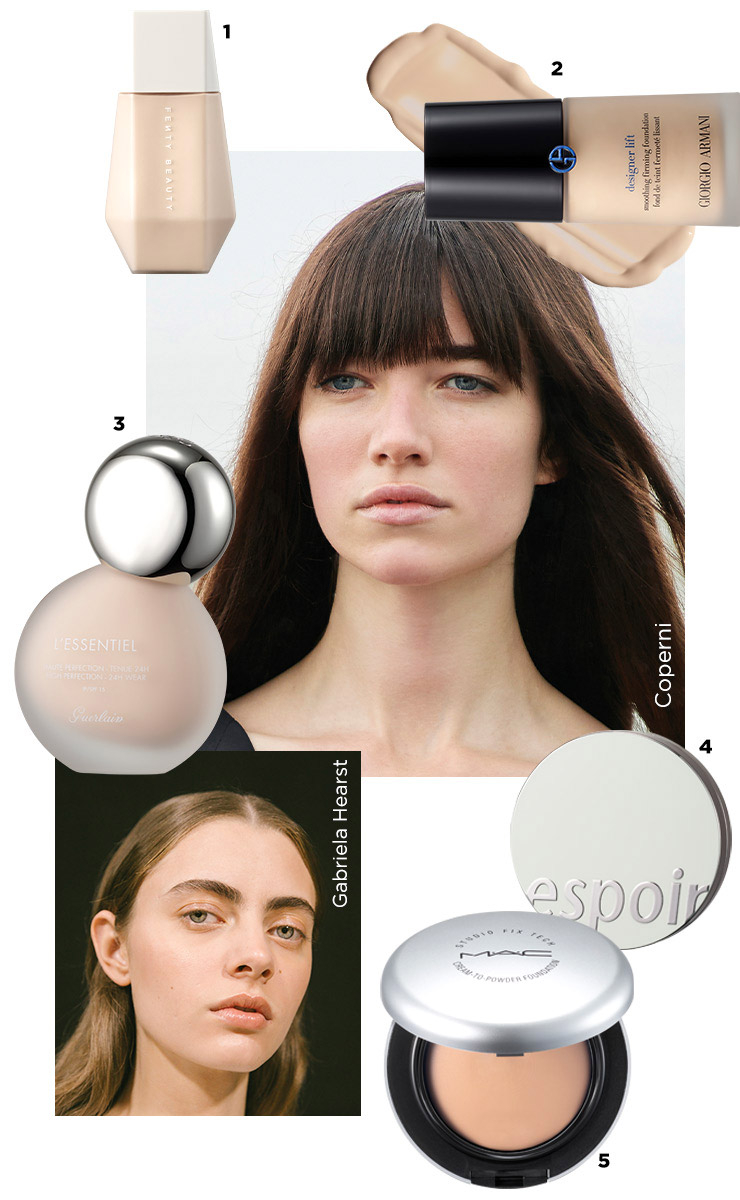 1 Fenty Beauty 이즈 드롭 블러링 스킨 틴트 4만4천원. 2 Giorgio Armani 디자이너 리프트 파운데이션 SPF20/ PA+++ 8만9천원대. 3 Guerlain 르썽씨엘 하이 퍼펙션 파운데이션 SPF15/ PA+++ 8만7천원대. 4 Espoir 프로 테일러 비 파우더 쿠션 페탈 3만5천원. 5 Mac 스튜디오 픽스 테크 크림-투-파우더 파운데이션 5만1천원대.
