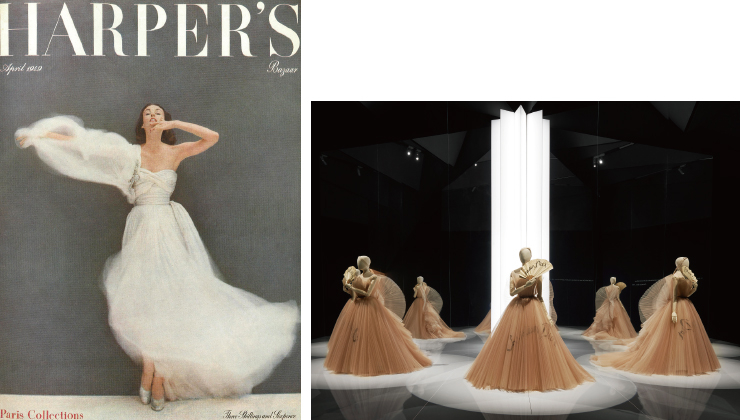 (왼쪽부터) 1949년 <바자> 4월호를 위해 포토그래퍼 리처드 애버던이 촬영한 디올 룩. 마리아 그라치아 치우리의 ‘Eventail de vos Hasards’ 드레스.