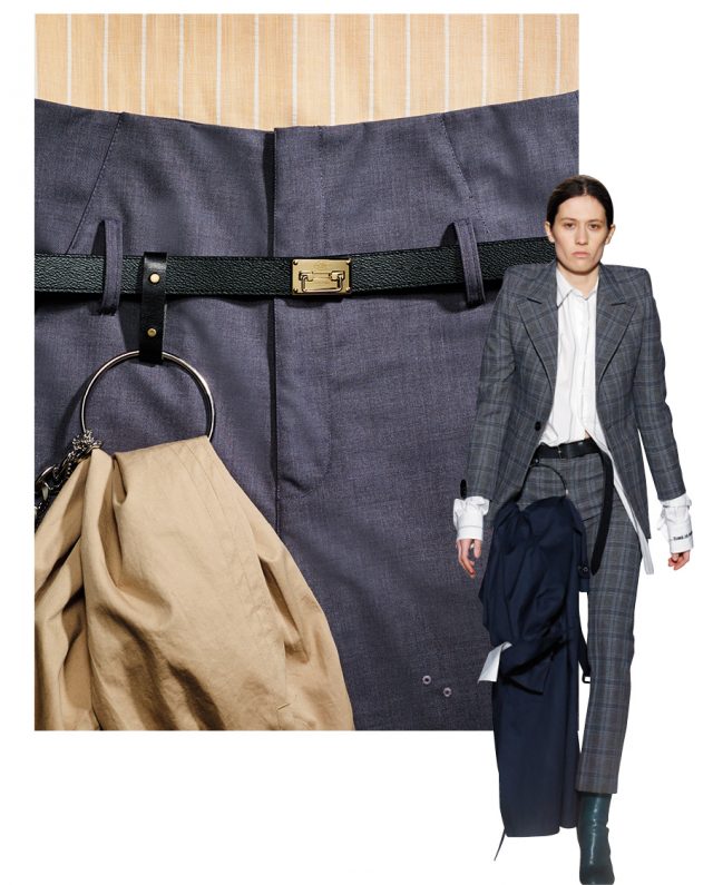 클래식한 버클 벨트는66만5천원으로 Louis Vuitton, 메탈 소재의 링이 장식된 팬츠는27만원으로 R.Shemiste, 트렌치코트는 가격 미정으로 Nohant 제품