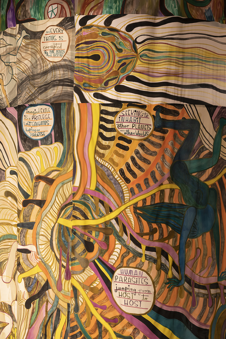 Emma Talbot, <Where Do We Come From? What Are We? Where Are We Going?>, 2021, Acrylic on silk, 310x1400cm. All works with the additional support of Max Mara; British Council; the Henry Moore Foundation Photo by: Roberto Marossi